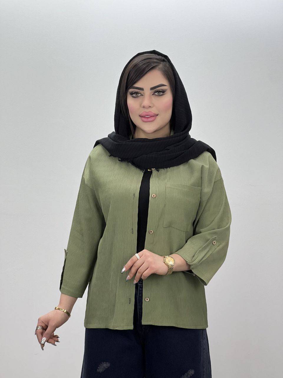 شومیز زنانه مدل مانتویی تک جیب آستین پاگن دار(sh)