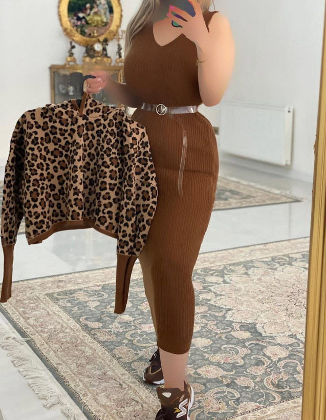 ست دوتیکه سارافون و رویه بافت زنانه مدل پلنگی کلاهدار